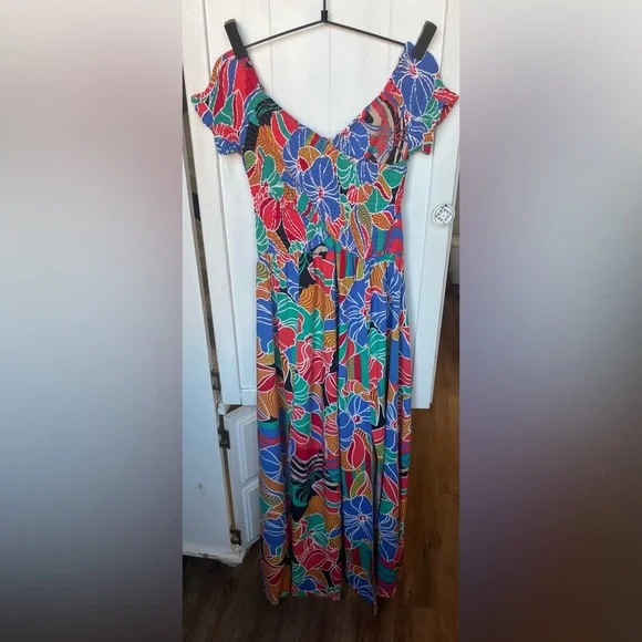 Vici Aakaa Put it in Print Vibrant Floral Off-Shoulder Smocked Maxi Dress - Picture 6 of 9